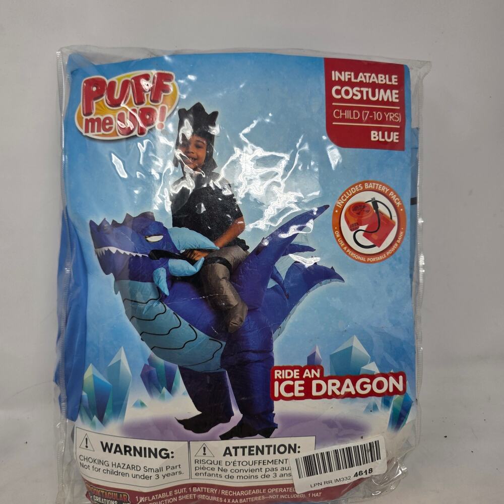 Puff Me Up Ride On Ice Dragon Inflatable Costume Blue Kids 7-10